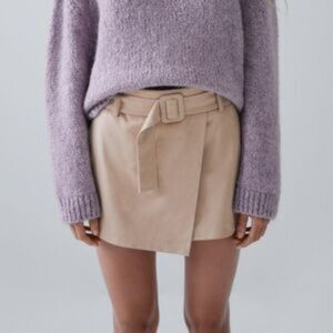 NWOT ZARA | Light Pink Belted Asymmetrical Mini Skort XS Faux Suede Preppy Chic
